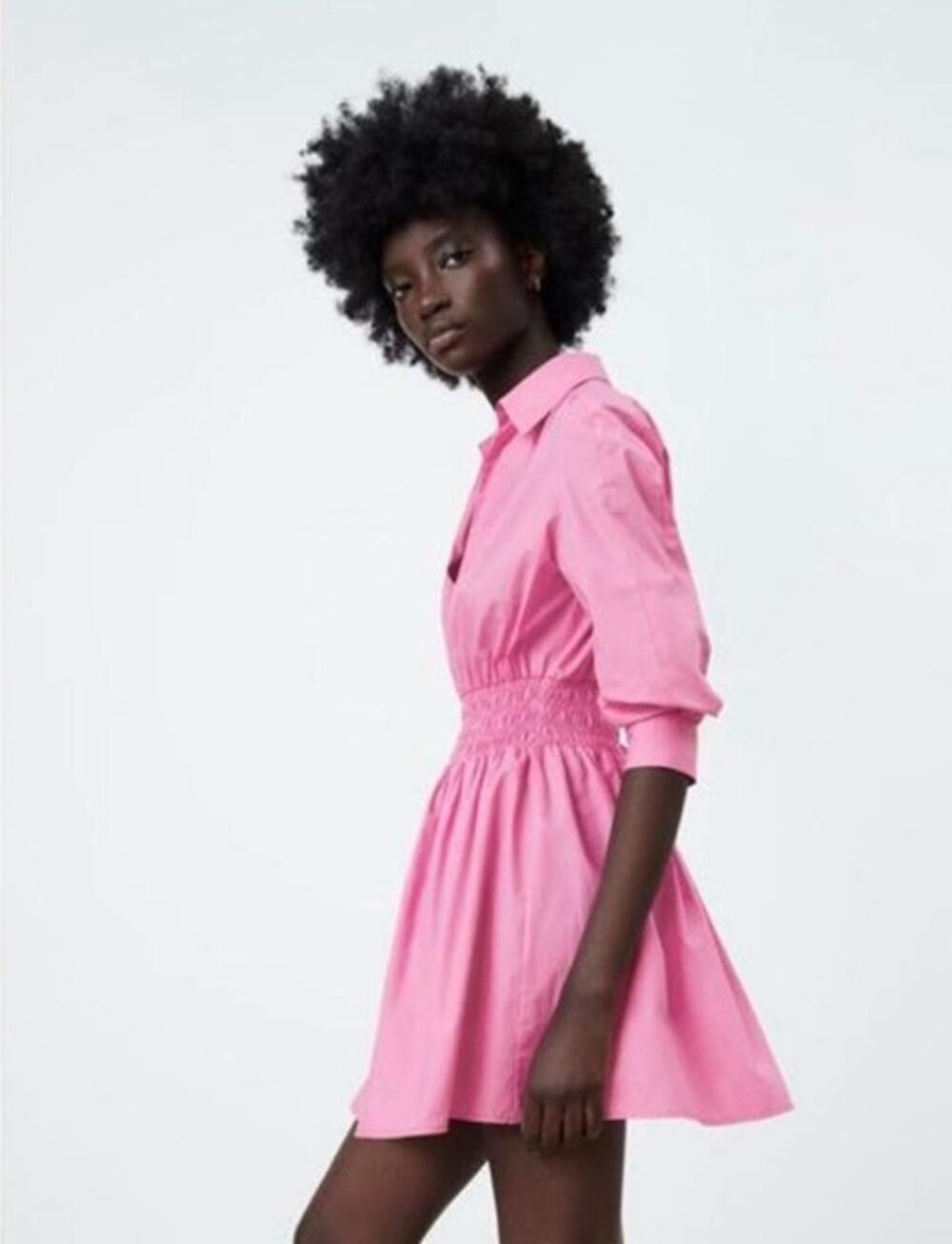 Zara Pink Cotton Mini Dress Split Neck Collar Elastic Waist Sz Medium